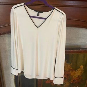 White House Black Market Long Sleeve Ivory Blouse with Black Trim